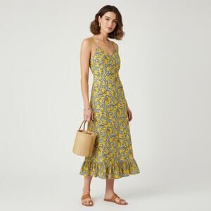 Mille Resort Travel Lemon Print Maxi Dress S Cover Up Cotton Beachy Euro Summer